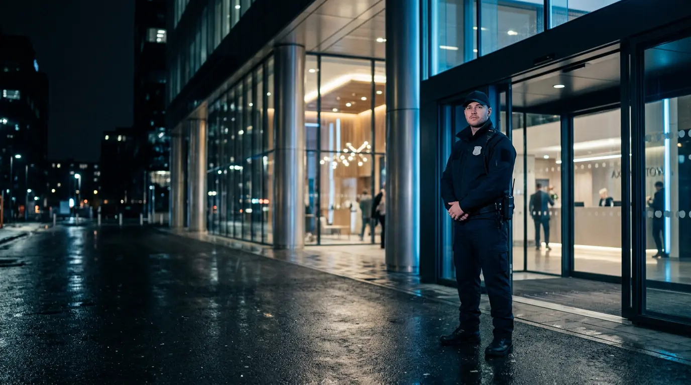 Uniformed security officer posted at the entrance of a commercial building at night